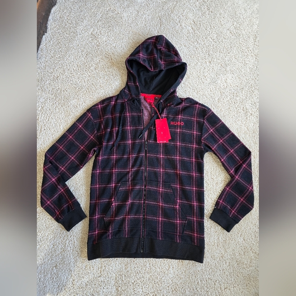 New HUGO Hugo Boss Small Men Checked Hooded Jacket Full Zip Hoodie Red/dark Gray